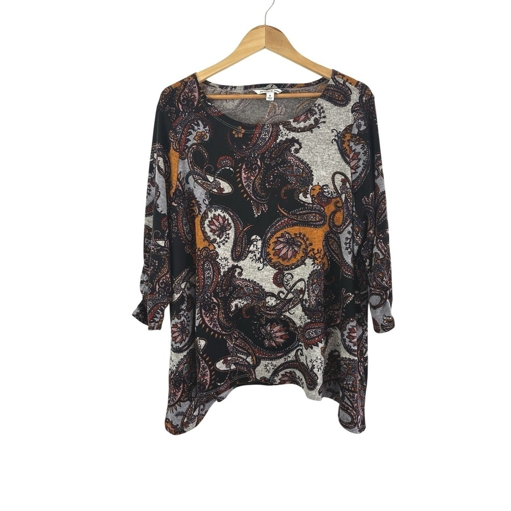 Zac & Rachel Pullover Knit Top Womens 1X Long Sleeve Boho Dark Paisley Floral